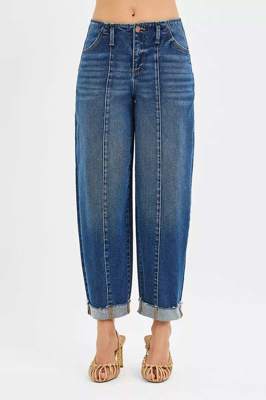 RISEN High Rise Fit Barrel Cuffed Jeans - Trendsi - Flyclothing LLC