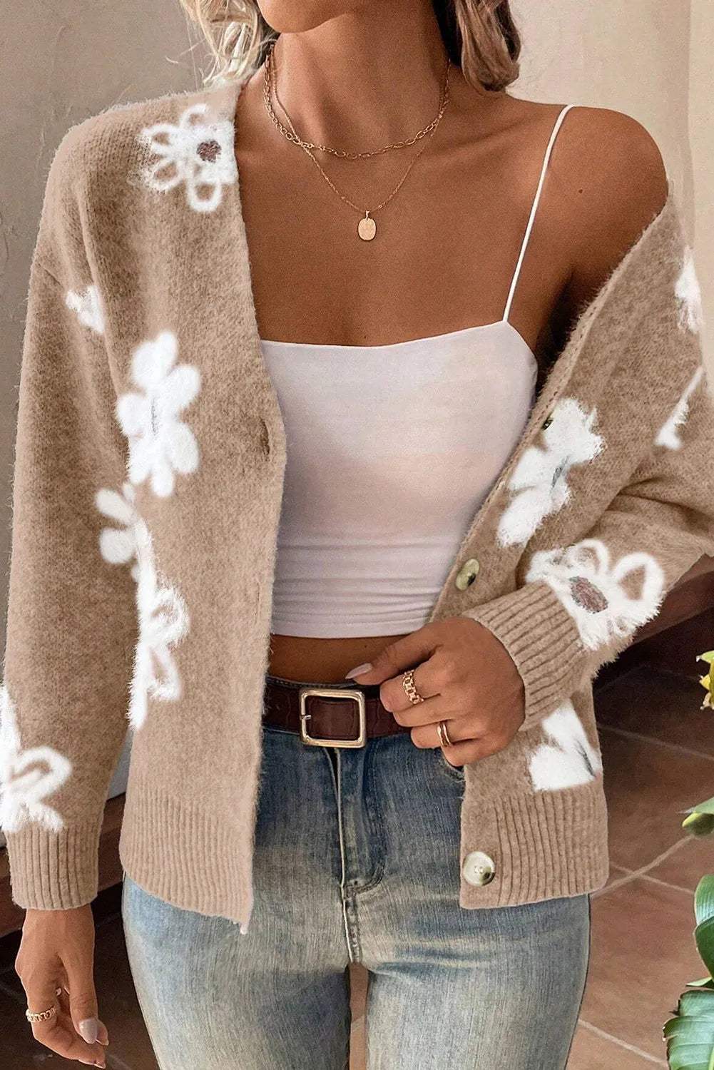 Flower Button Up Long Sleeve Cardigan - Trendsi - Flyclothing LLC