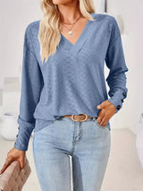 Plus Size V-Neck Textured Long Sleeve T-Shirt - Trendsi - Flyclothing LLC