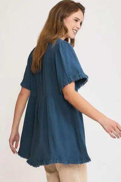 Umgee Full Size Raw Hem Notched Babydoll Linen Blouse Plus Size - Trendsi - Flyclothing LLC