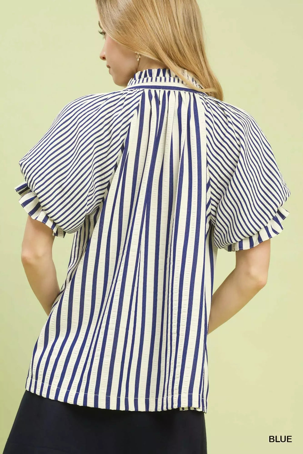 Umgee Striped Notched Top with Short Flutter Sleeves - Trendsi - Flyclothing LLC
