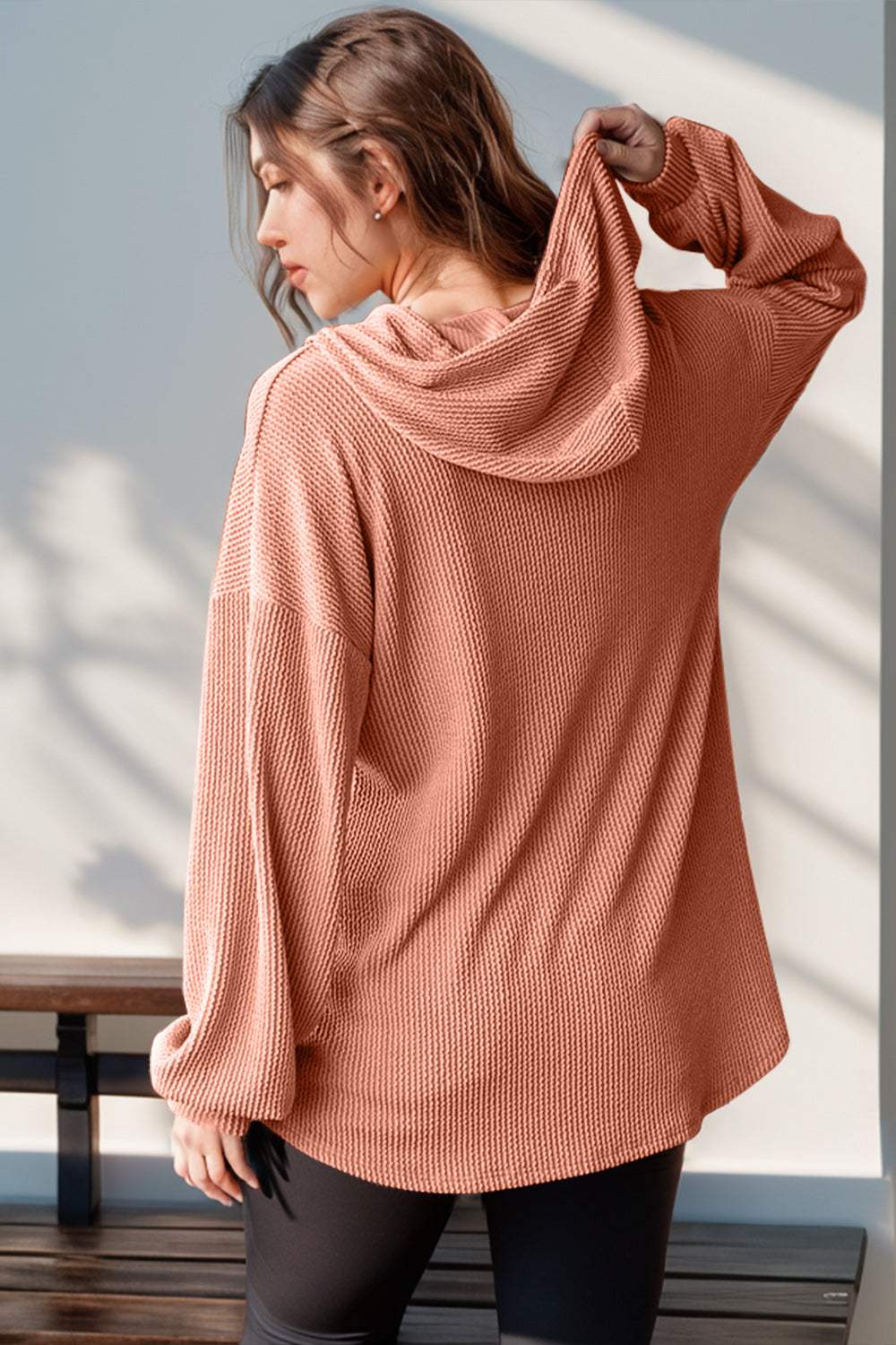 Double Take Full Size Half Button Long Sleeve Hoodie - Trendsi - Flyclothing LLC