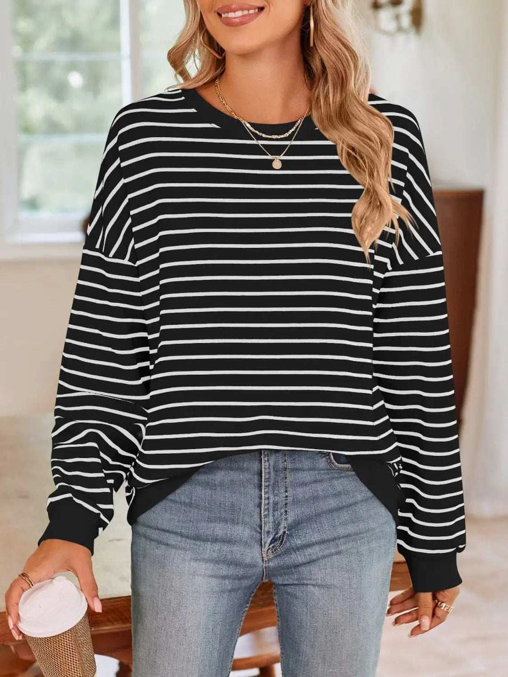Striped Round Neck Long Sleeve Sweatshirt - Trendsi - Flyclothing LLC
