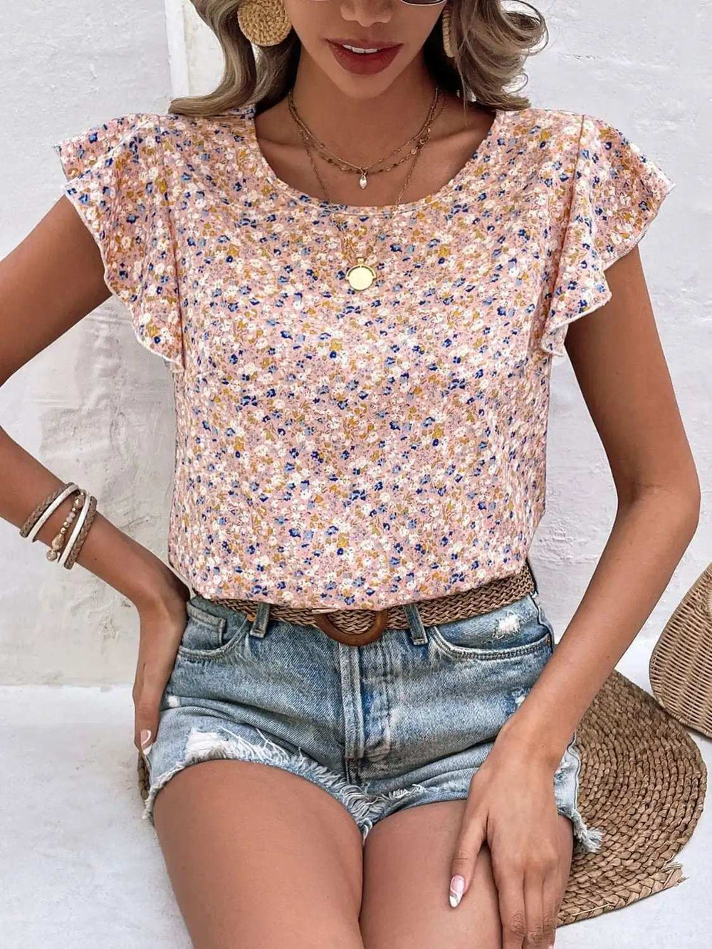 Ditsy Floral Round Neck Cap Sleeve Top - Trendsi - Flyclothing LLC