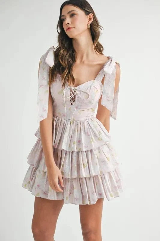 MABLE Floral Print Shoulder Tie Layered Mini Dress - Trendsi