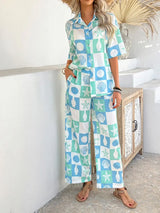 Devine Printed Collared Neck Half Sleeve Top and Pants Set - Trendsi - Flyclothing LLC