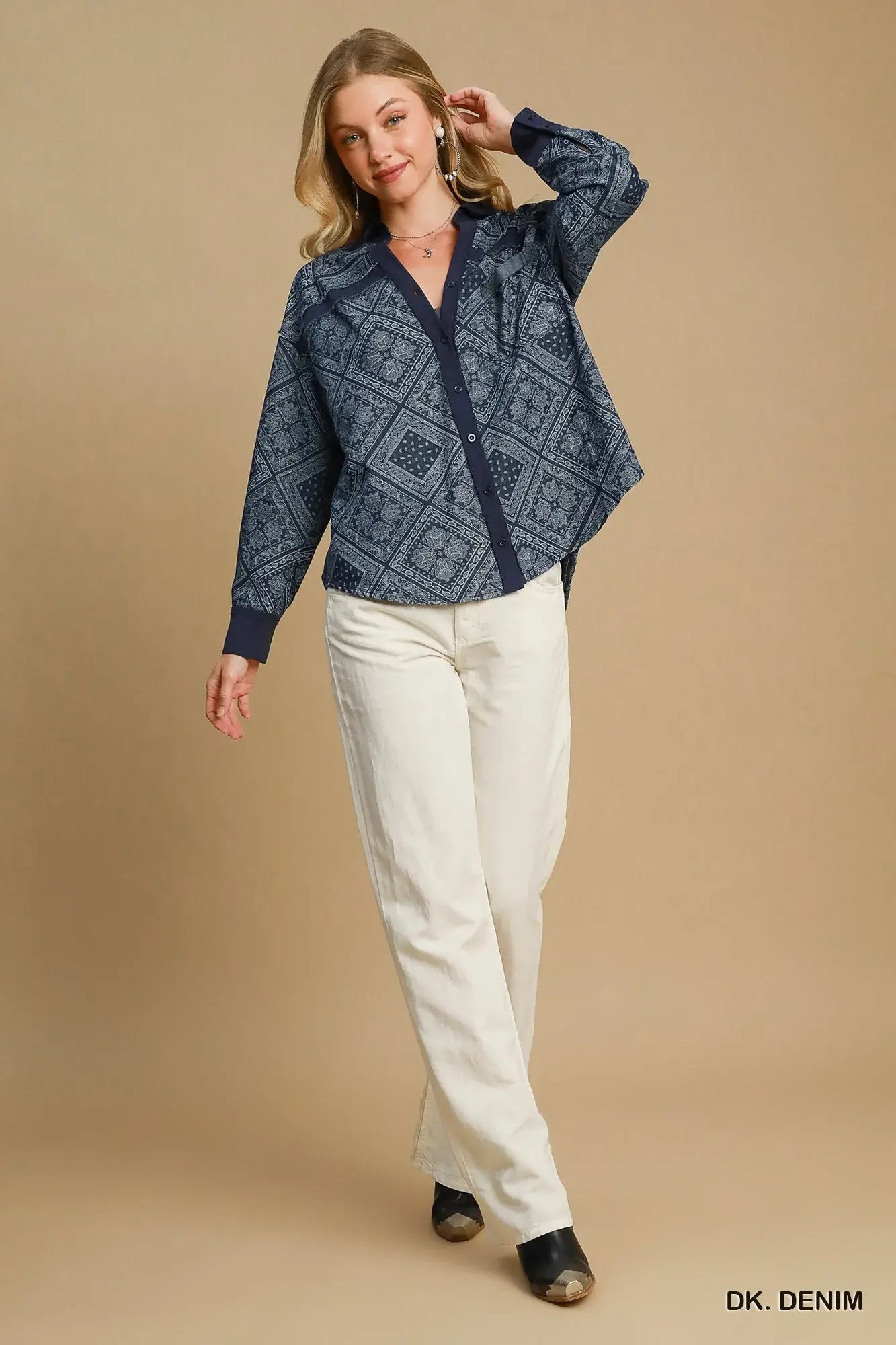 Umgee Paisley Print Denim Shirt Jacket - Trendsi - Flyclothing LLC