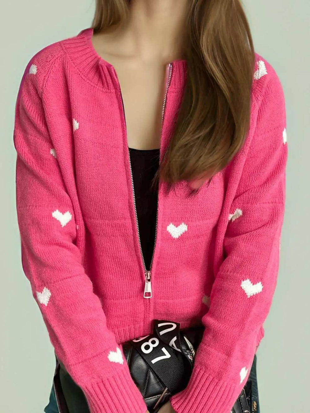 Heart Round Neck Zip Up Cardigan - Trendsi - Flyclothing LLC