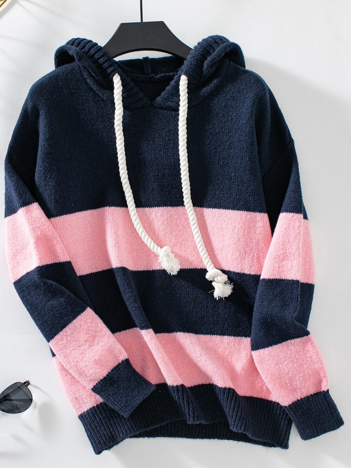 Drawstring Contrast Stripe Dropped Shoulder Hooded Sweater - Trendsi