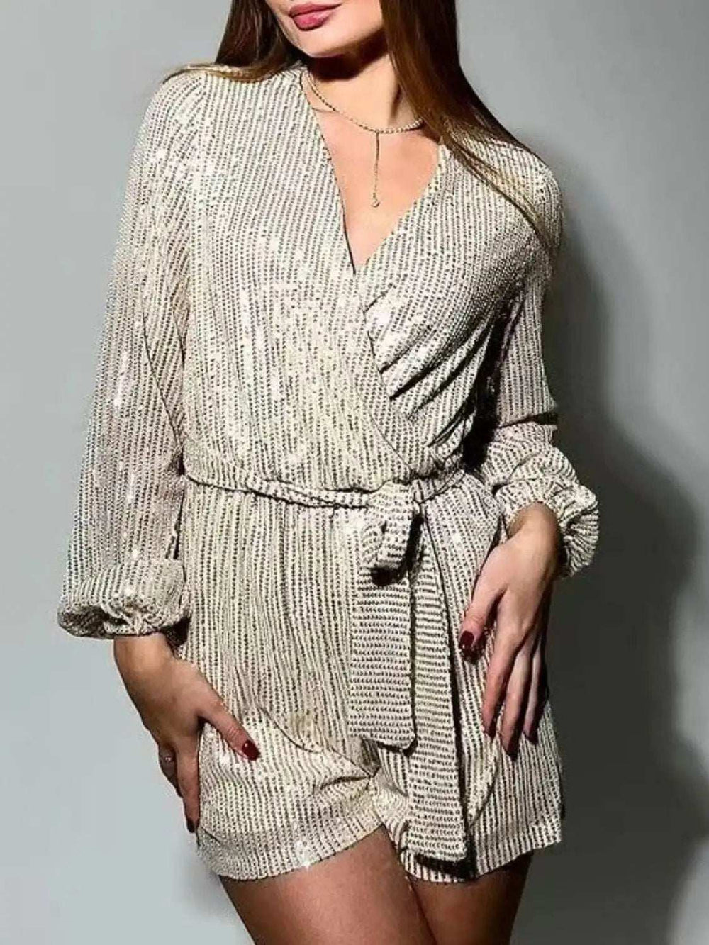 Full Size Sequin Surplice Tie Waist Long Sleeve Romper - Trendsi - Flyclothing LLC