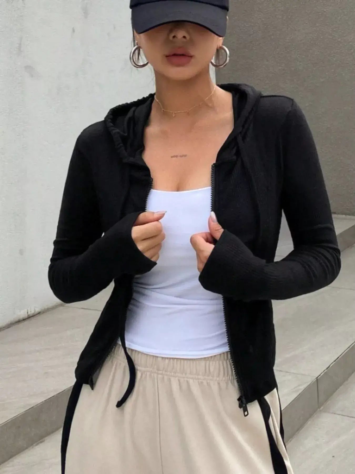 Ribbed Knit Cropped Zip-Up Outerwear - Trendsi - Flyclothing LLC