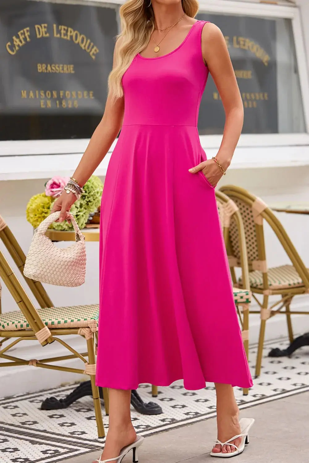 Side Slit Scoop Neck Wide Strap Dress - Trendsi - Flyclothing LLC