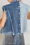 Pearl Detail Raw Hem Button Up Denim Vest - Trendsi