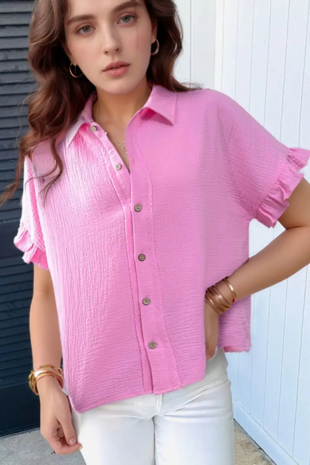 Frill Collared Neck Short Sleeve Shirt - Trendsi - Flyclothing LLC