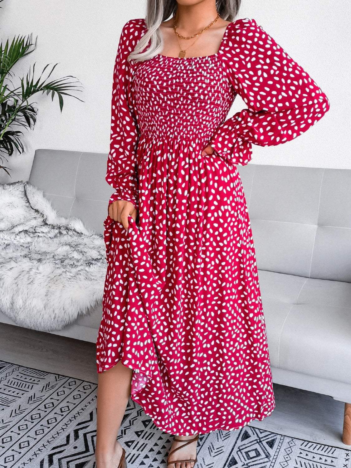 Smocked Square Neck Flounce Sleeve Dress - Trendsi - Flyclothing LLC