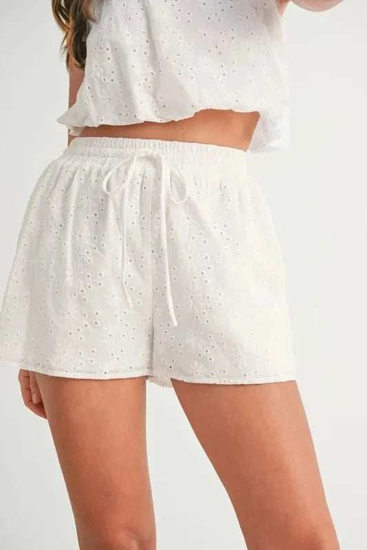 MABLE Eyelet Bubble Hem Sleeveless Top and Shorts Set - Trendsi - Flyclothing LLC