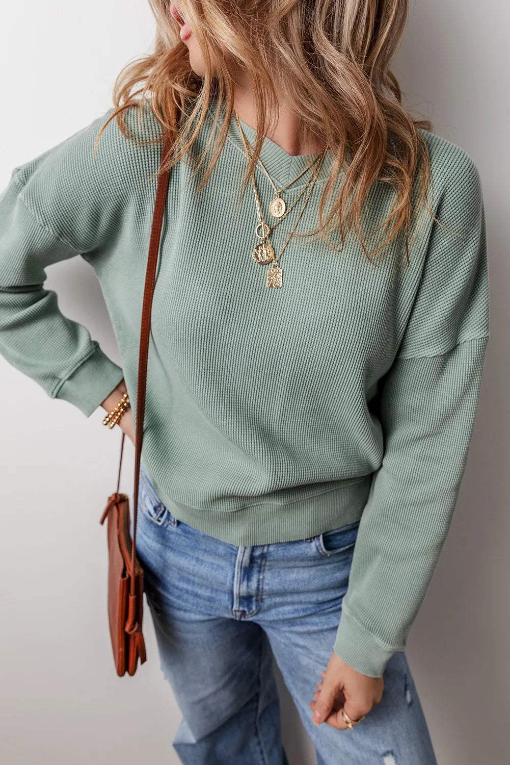 Waffle-Knit Long Sleeve Dropped Shoulder Top - Trendsi - Flyclothing LLC