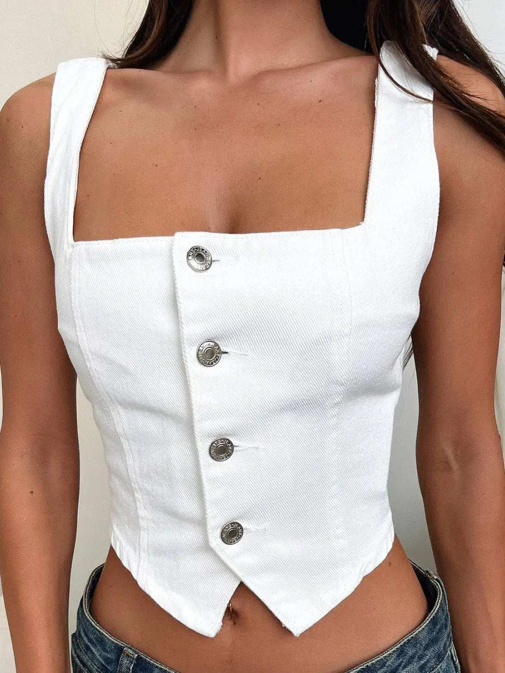 Smocked Square Neck Denim Top - Trendsi - Flyclothing LLC