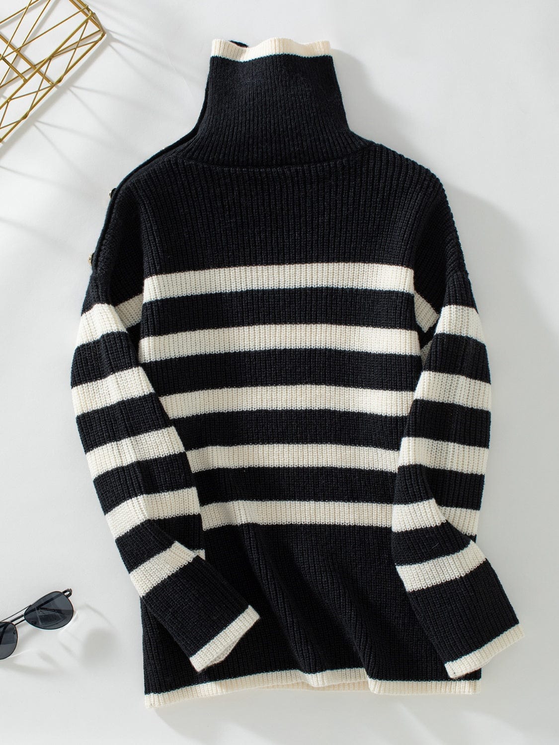 Buttoned Striped Long Sleeve Sweater - Trendsi