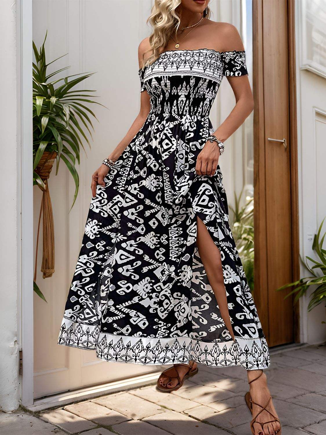 Slit Printed Off-Shoulder Dress - Trendsi - Flyclothing LLC
