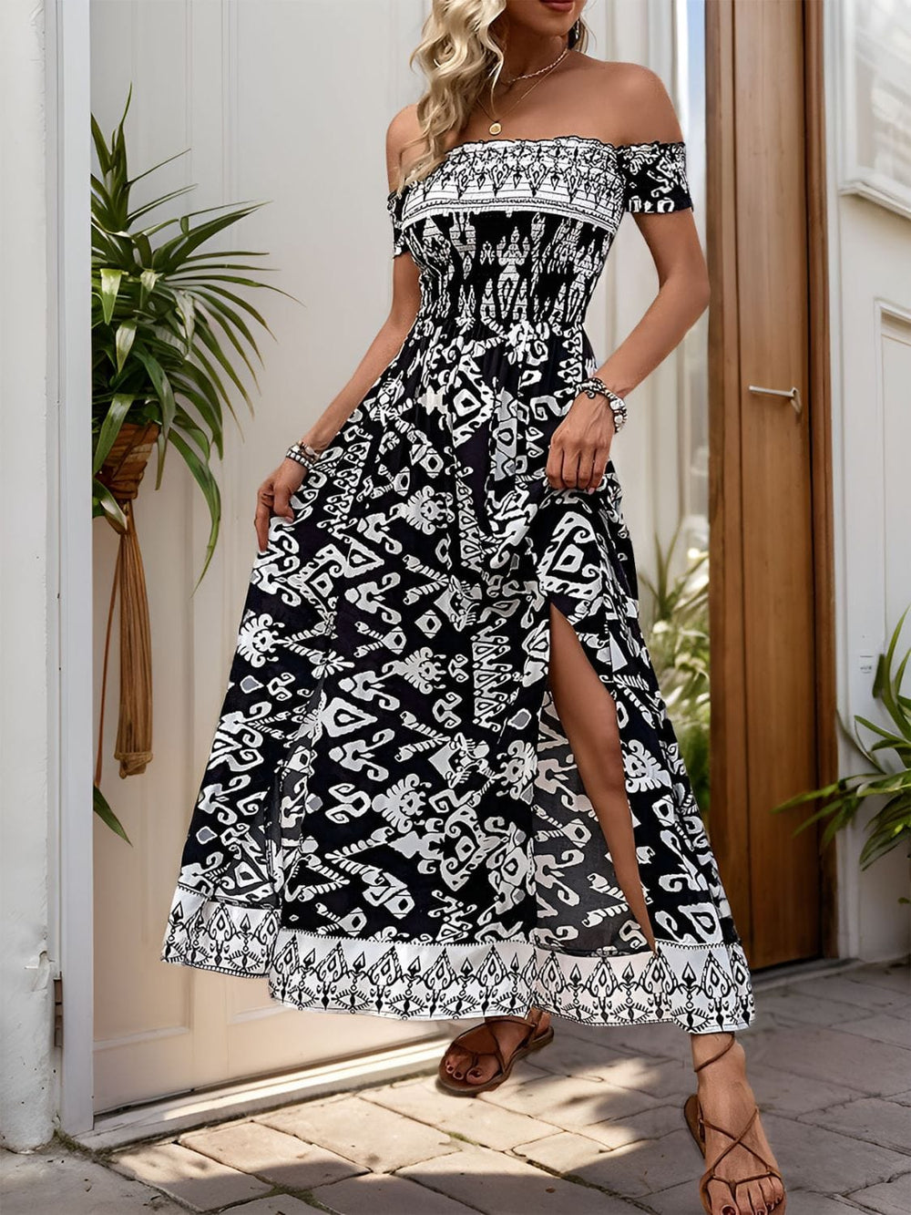 Slit Printed Off-Shoulder Dress - Trendsi