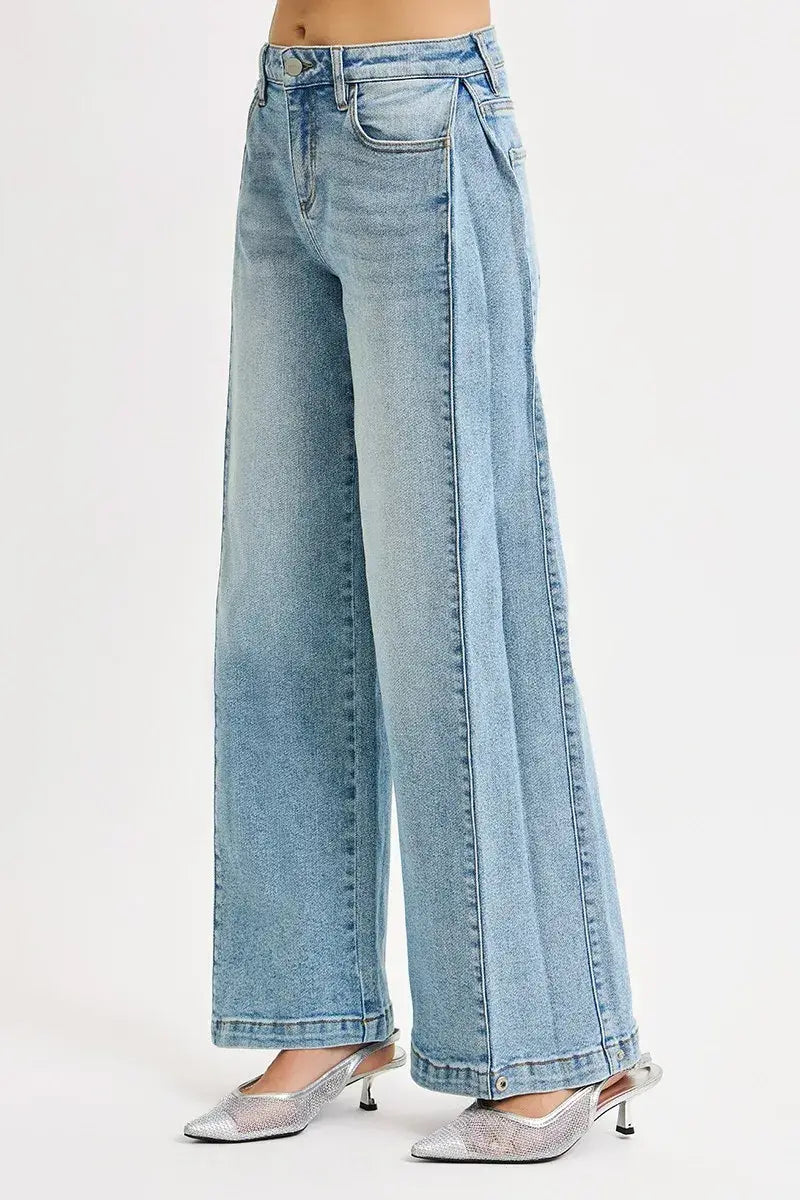 RISEN Mid Rise Wide Barrel Transferable Leg Snap Jeans - Trendsi - Flyclothing LLC