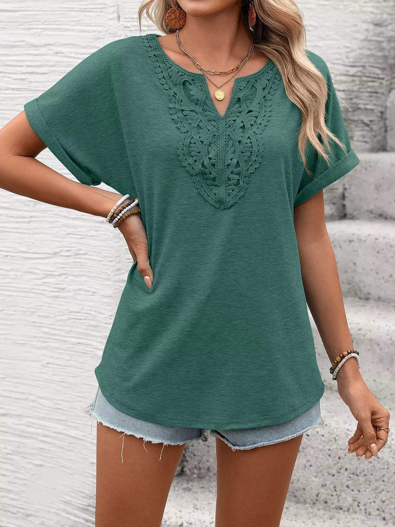Lace Trim Short Sleeve T-Shirt - Trendsi - Flyclothing LLC