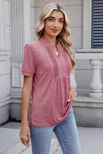 Notched Short Sleeve Solid Color Top - Trendsi - Flyclothing LLC