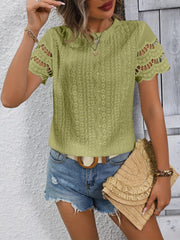 Full Size Eyelet Round Neck Short Sleeve Top - Trendsi