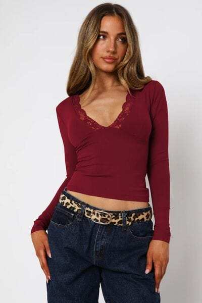 Lace Detail V-Neck Long Sleeve T-Shirt - Trendsi - Flyclothing LLC
