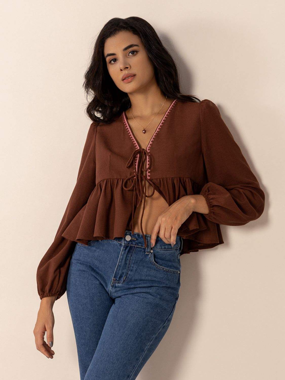 Peplum Tied V-Neck Long Sleeve Blouse - Trendsi - Flyclothing LLC