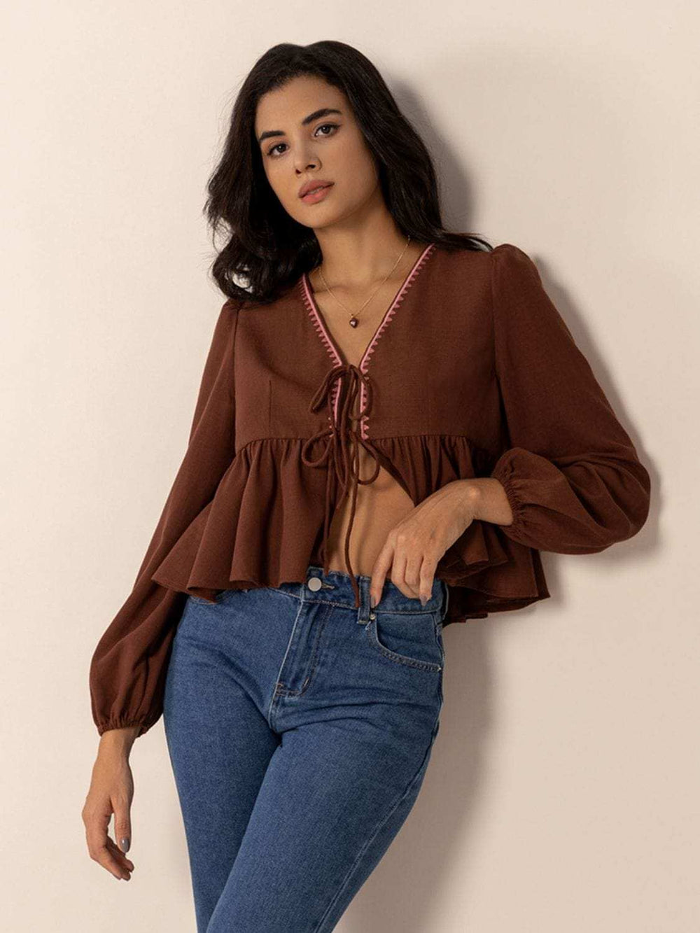 Peplum Tied V-Neck Long Sleeve Blouse - Trendsi - Flyclothing LLC
