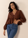 Peplum Tied V-Neck Long Sleeve Blouse - Trendsi