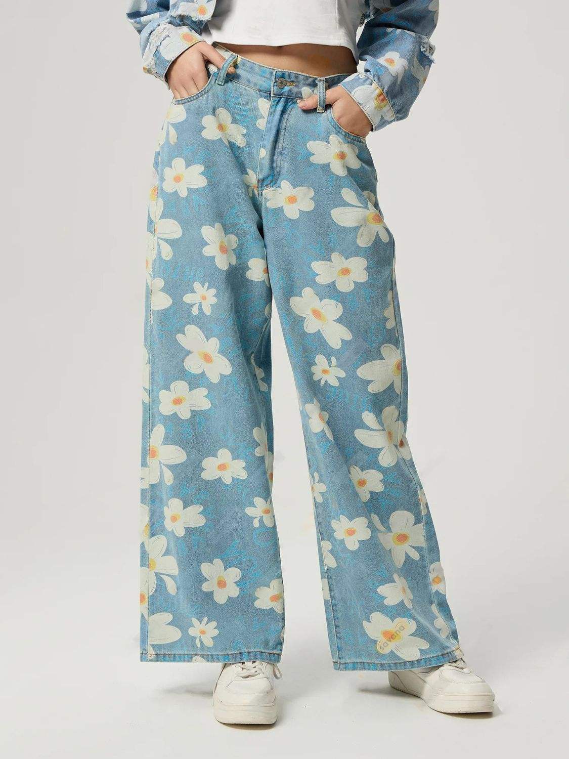 Pocketed Floral Wide Leg Jeans - Trendsi - Flyclothing LLC