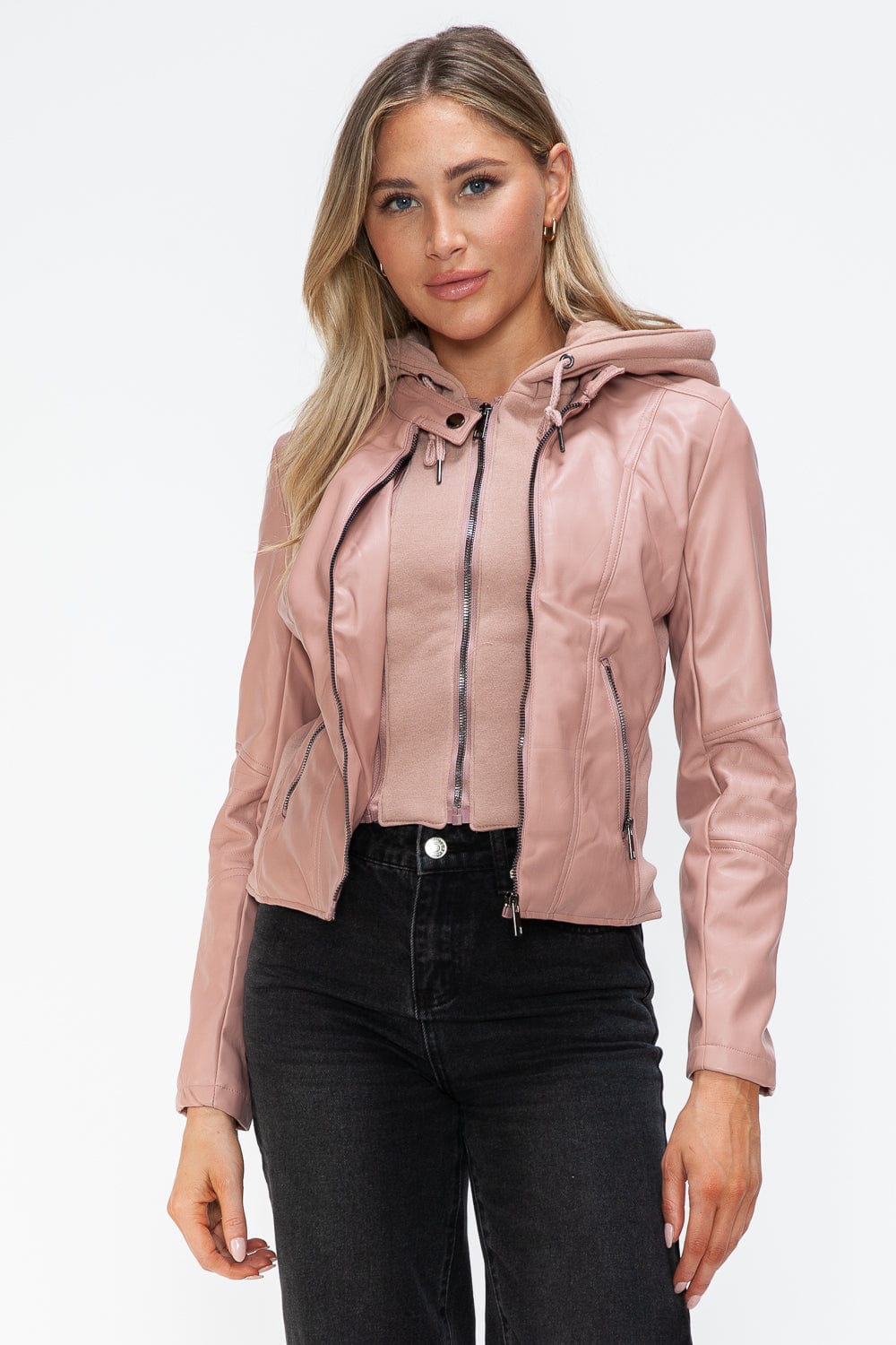 Snobbish Faux Leather Zip Up Drawstring Hooded Jacket - Trendsi