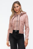 Snobbish Faux Leather Zip Up Drawstring Hooded Jacket - Trendsi