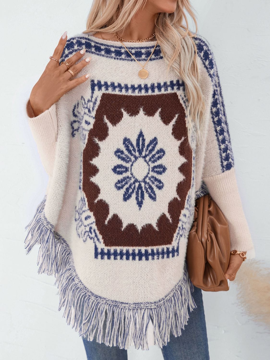 Fringe Geometric Long Sleeve Poncho - Trendsi