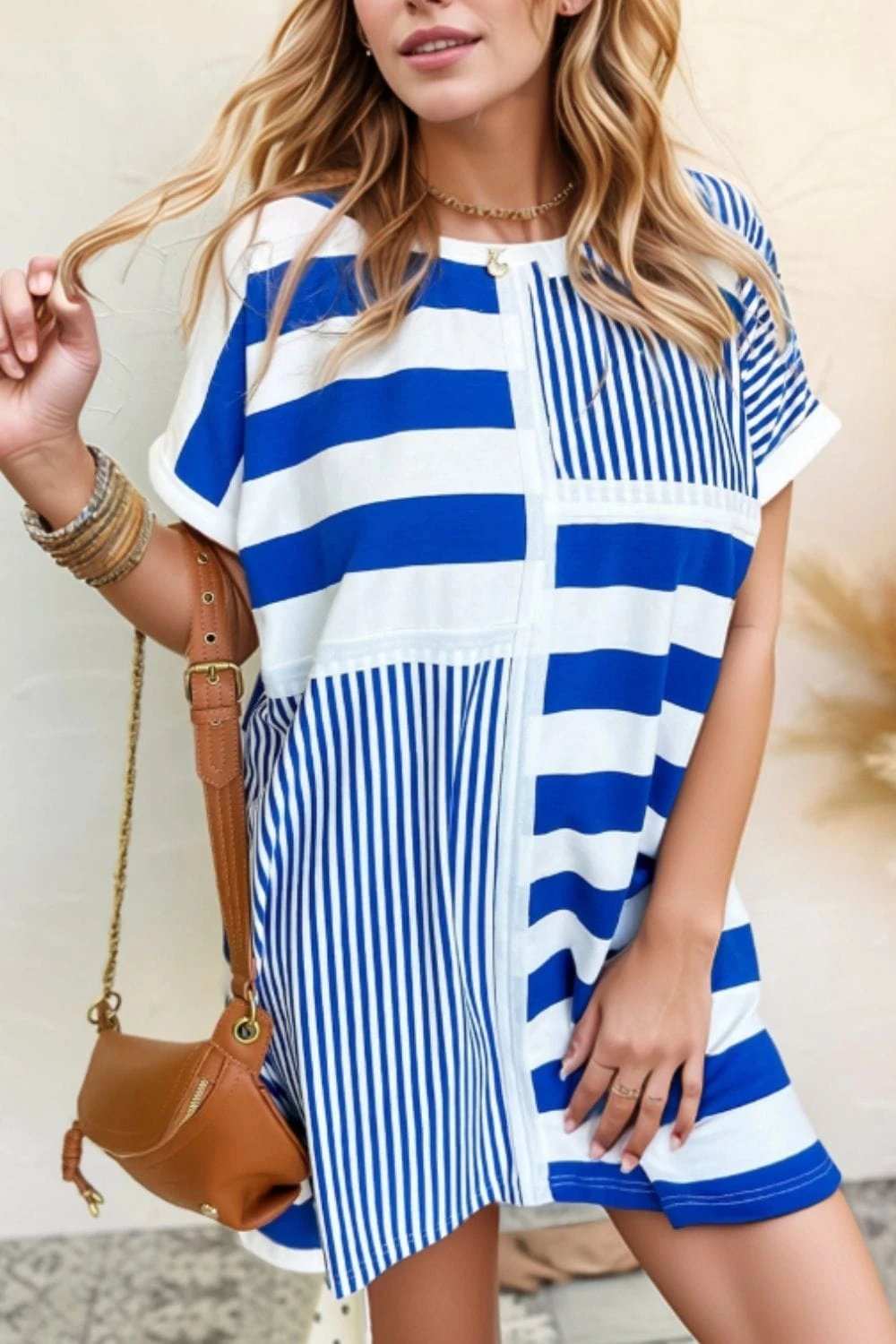 Stripe Mixed Short Sleeve Shift Mini Tee Dress - Trendsi - Flyclothing LLC
