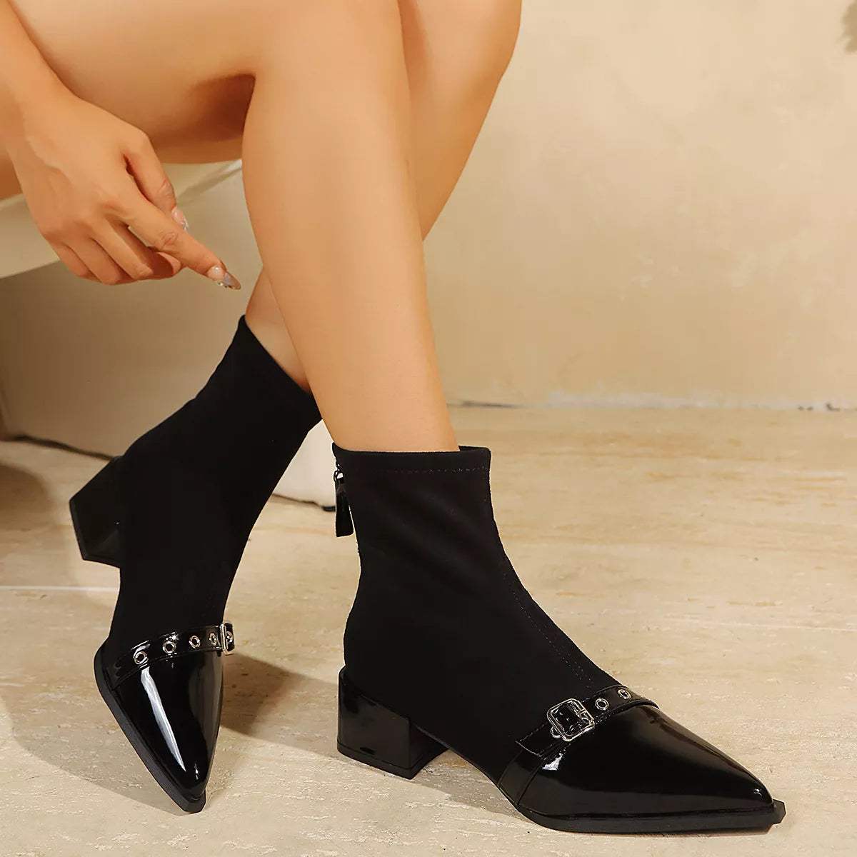 Chic Pointed Toe Sock Boots with Buckle Detail - Trendsi - Flyclothing LLC