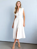 Smocked Zip Front Cap Sleeve Dress - Trendsi