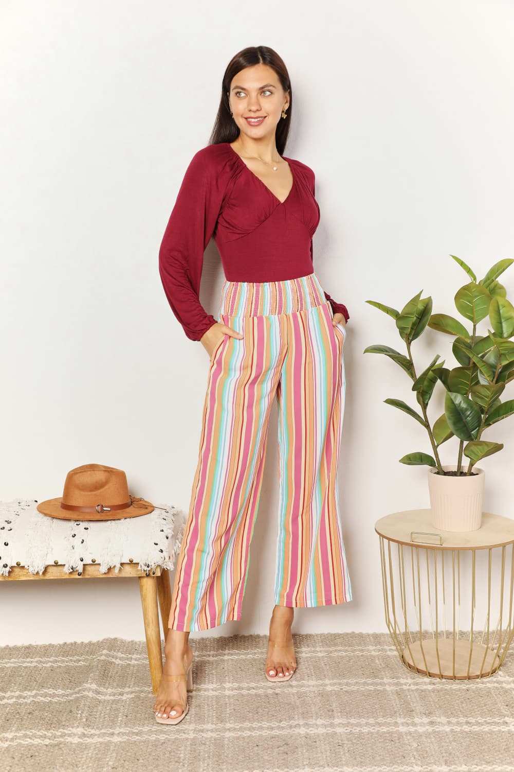 Double Take Striped Smocked Waist Pants with Pockets - Trendsi - Flyclothing LLC