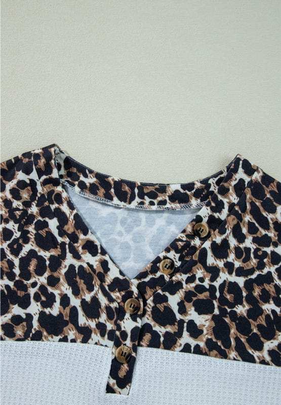 Waffle-Knit Leopard V-Neck Long Sleeve Blouse - Trendsi - Flyclothing LLC