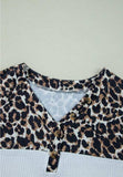 Waffle-Knit Leopard V-Neck Long Sleeve Blouse - Trendsi - Flyclothing LLC