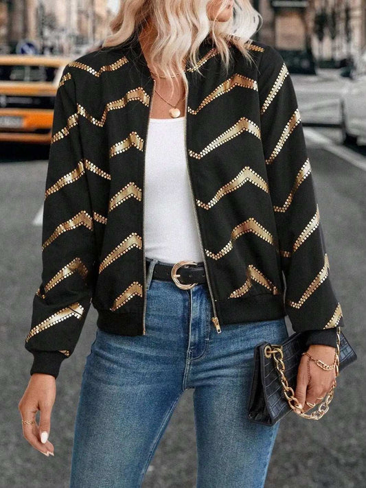 Printed Baseball Collar Zip Up Jacket - Trendsi - Flyclothing LLC