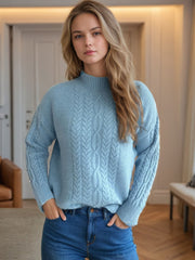 Cable-Knit Mock Neck Dropped Shoulder Sweater - Trendsi