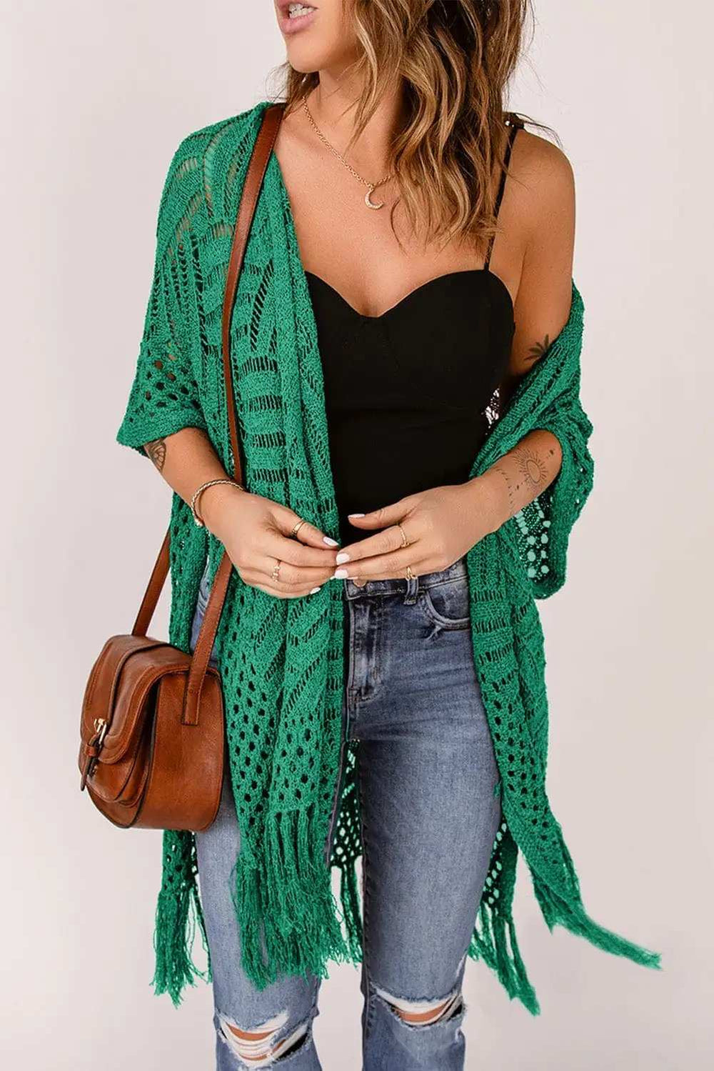 Openwork Open Front Cardigan with Fringes - Trendsi - Flyclothing LLC