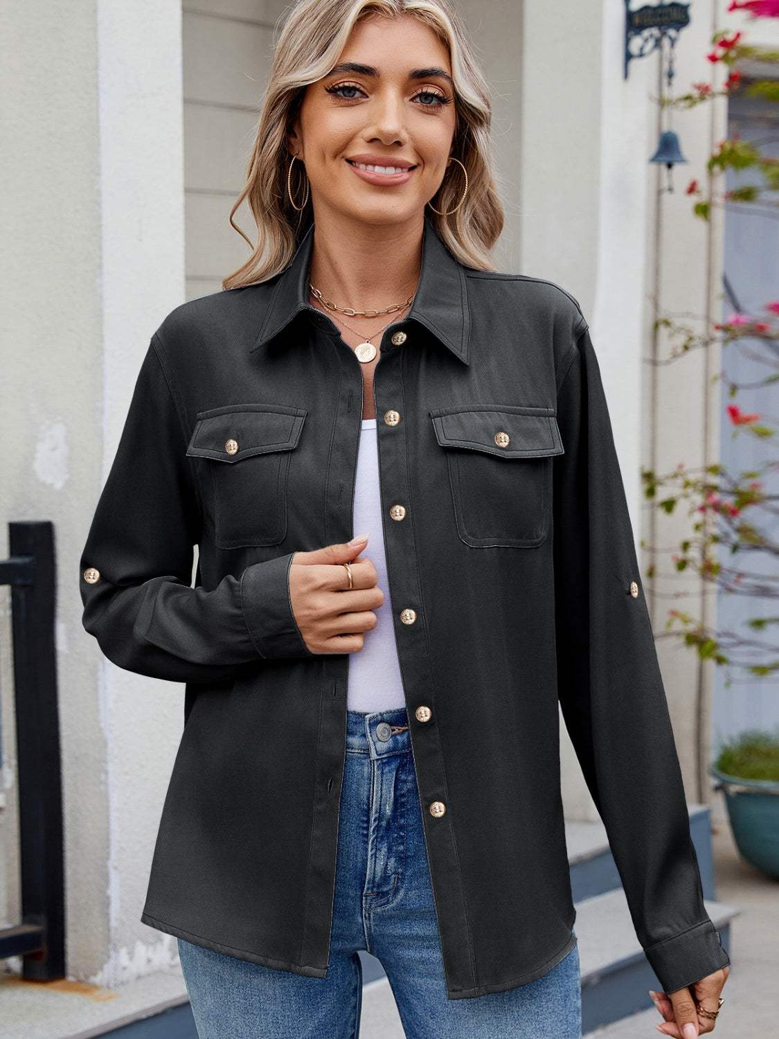 Solid Color Collared Neck Long Sleeve Shirt - Trendsi - Flyclothing LLC