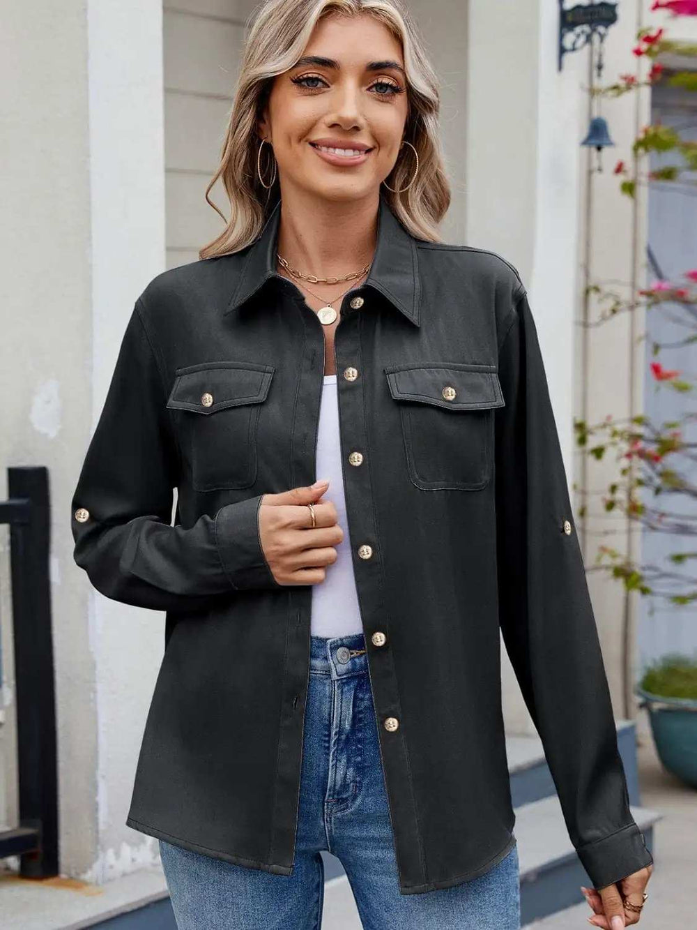 Solid Color Collared Neck Long Sleeve Shirt - Trendsi - Flyclothing LLC