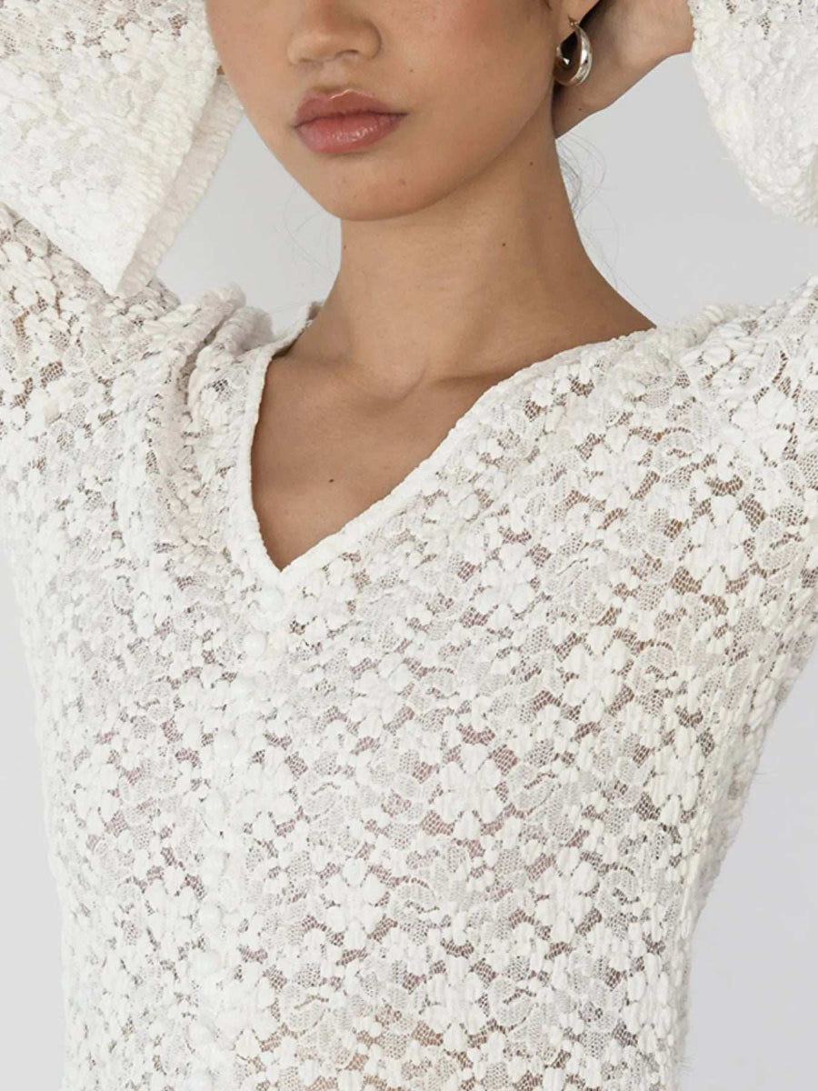Lace V-Neck Flare Sleeve T-Shirt - Trendsi - Flyclothing LLC
