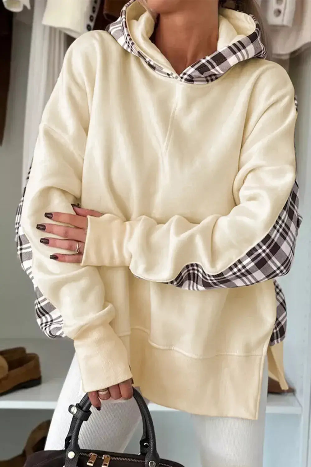 Plaid Side Slit Long Sleeve Hoodie - Trendsi - Flyclothing LLC